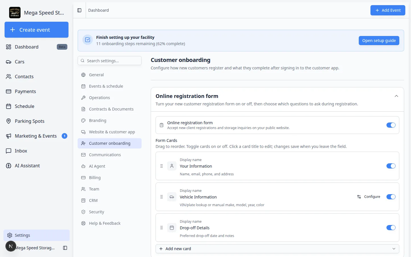 Customer onboarding settings showing Online registration form enabled and Form Cards such as Your Information and Vehicle Information