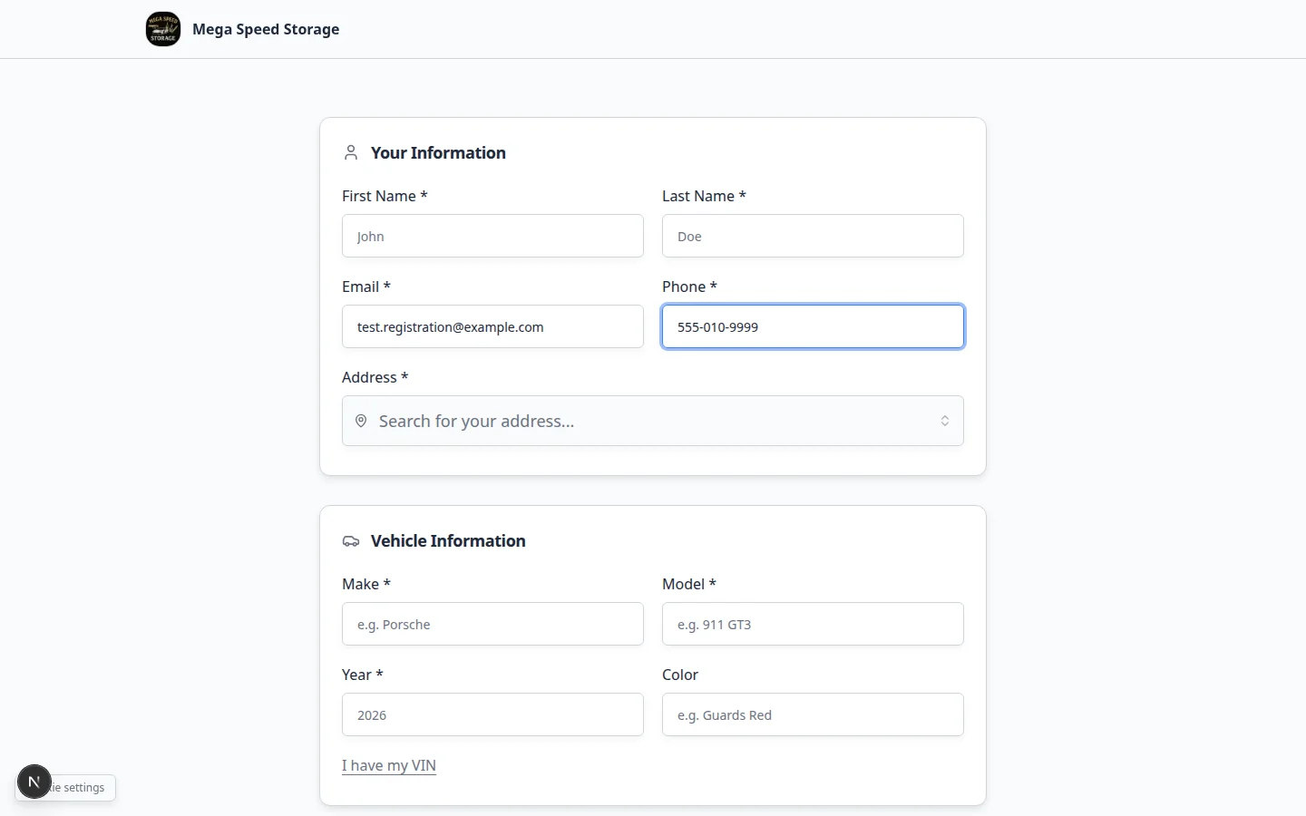 Public registration form partially filled with test customer name, email, and phone before submit