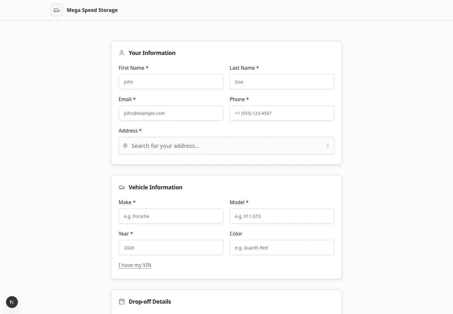 Public registration form showing the customer information fields a prospect fills out before submitting a request