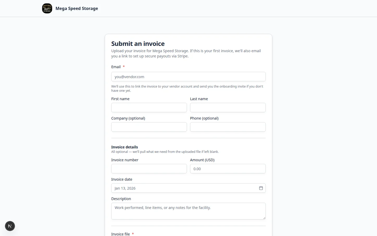 Vendor invoice form partially filled with name, email, invoice number, and amount before file upload