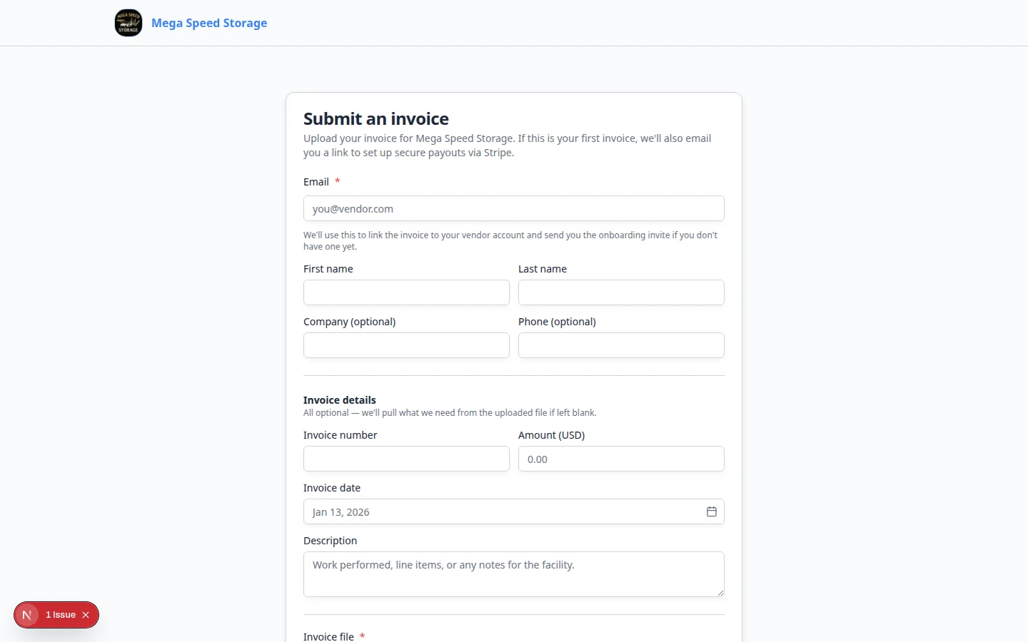 Public vendor invoice submission form with vendor details and file upload