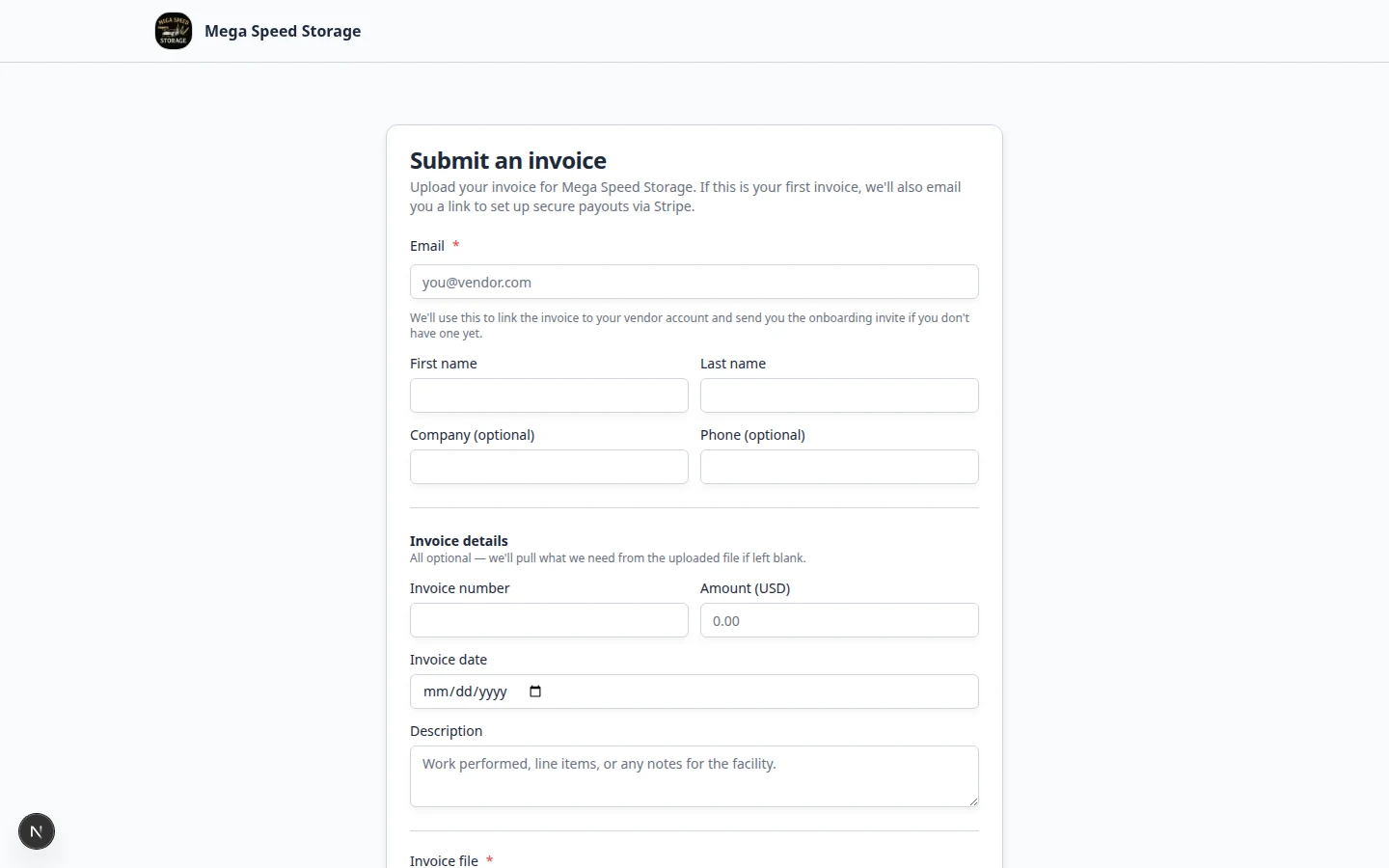 Public vendor invoice submission form with vendor details and file upload