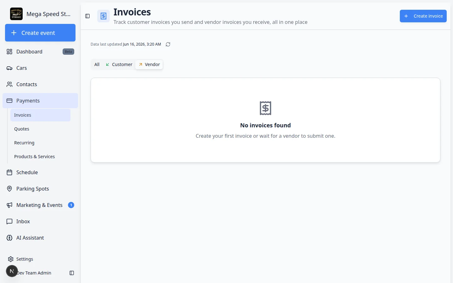 Payments Invoices page on the Vendor tab showing submitted vendor invoices with status and amounts