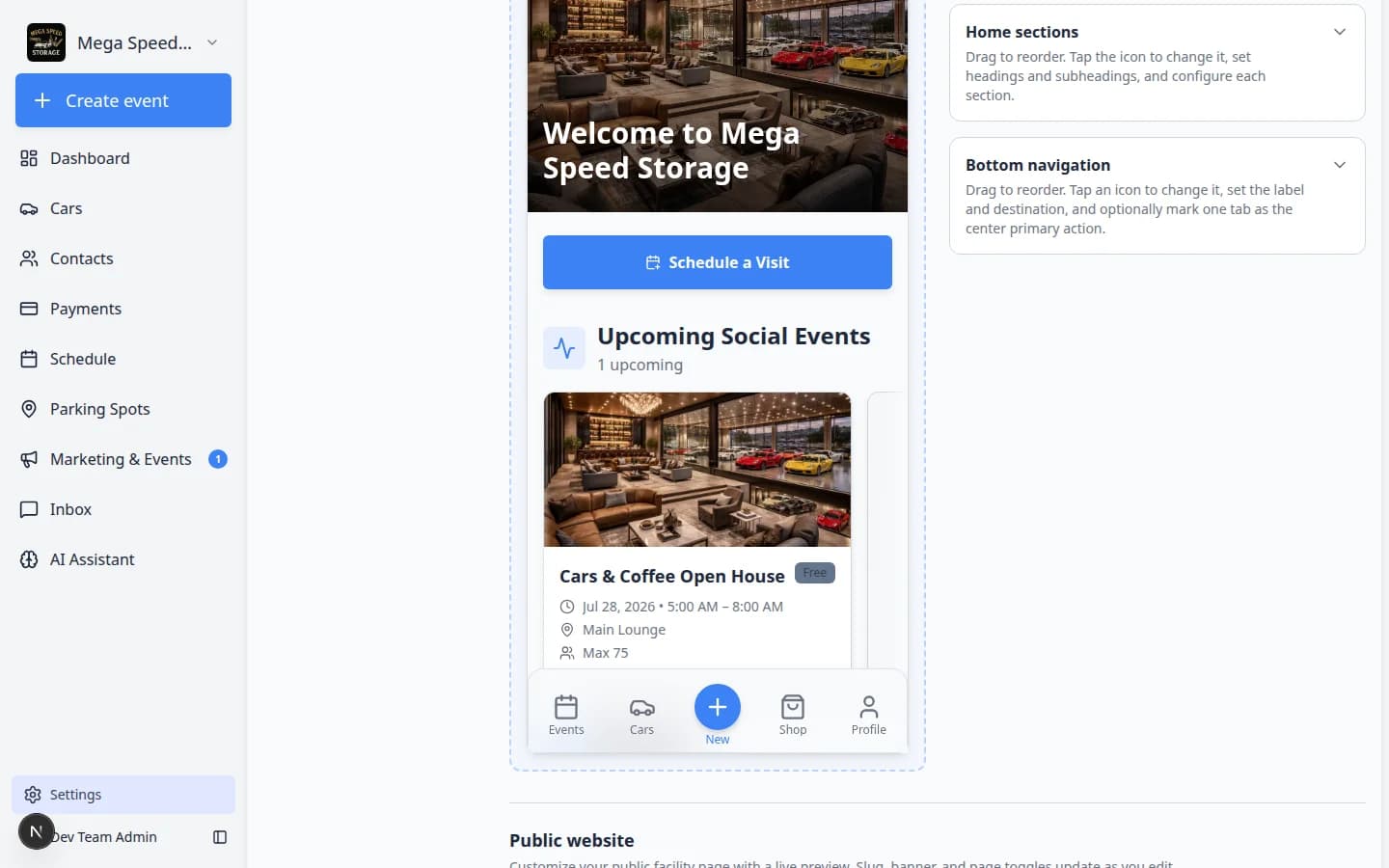 Customer app live preview on Website settings showing mobile home with facility photos and upcoming events