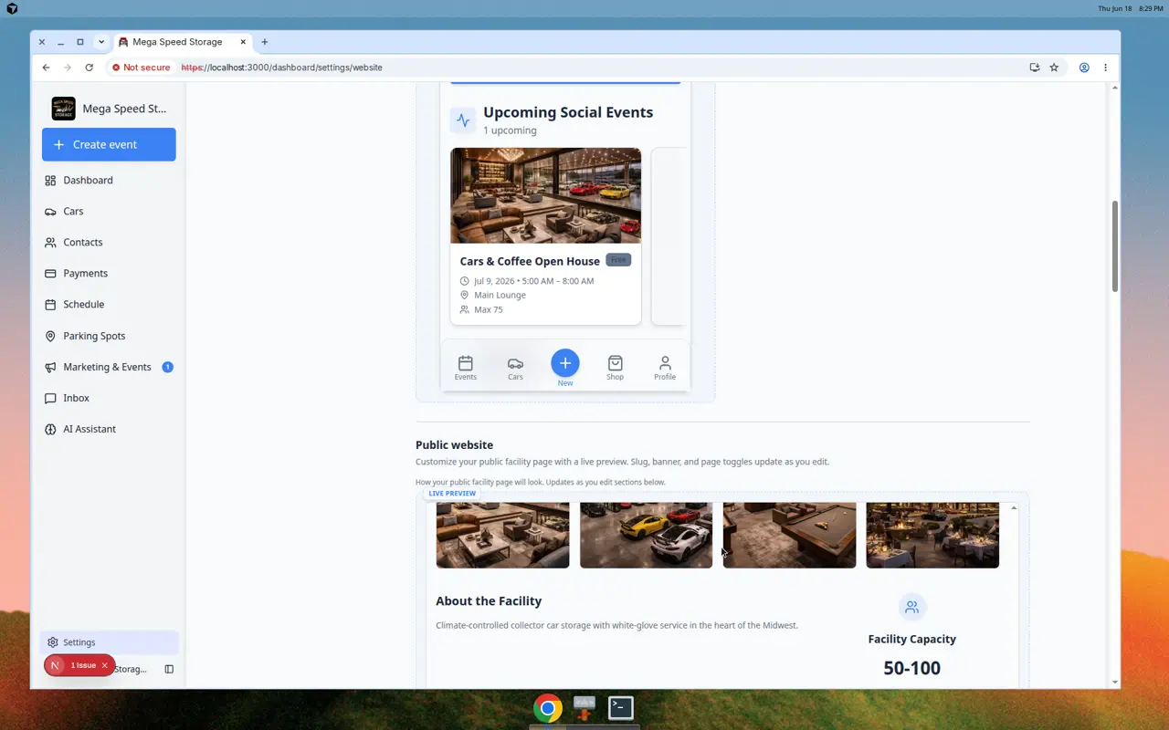 Customer app live preview showing mobile portal home screen with facility photos