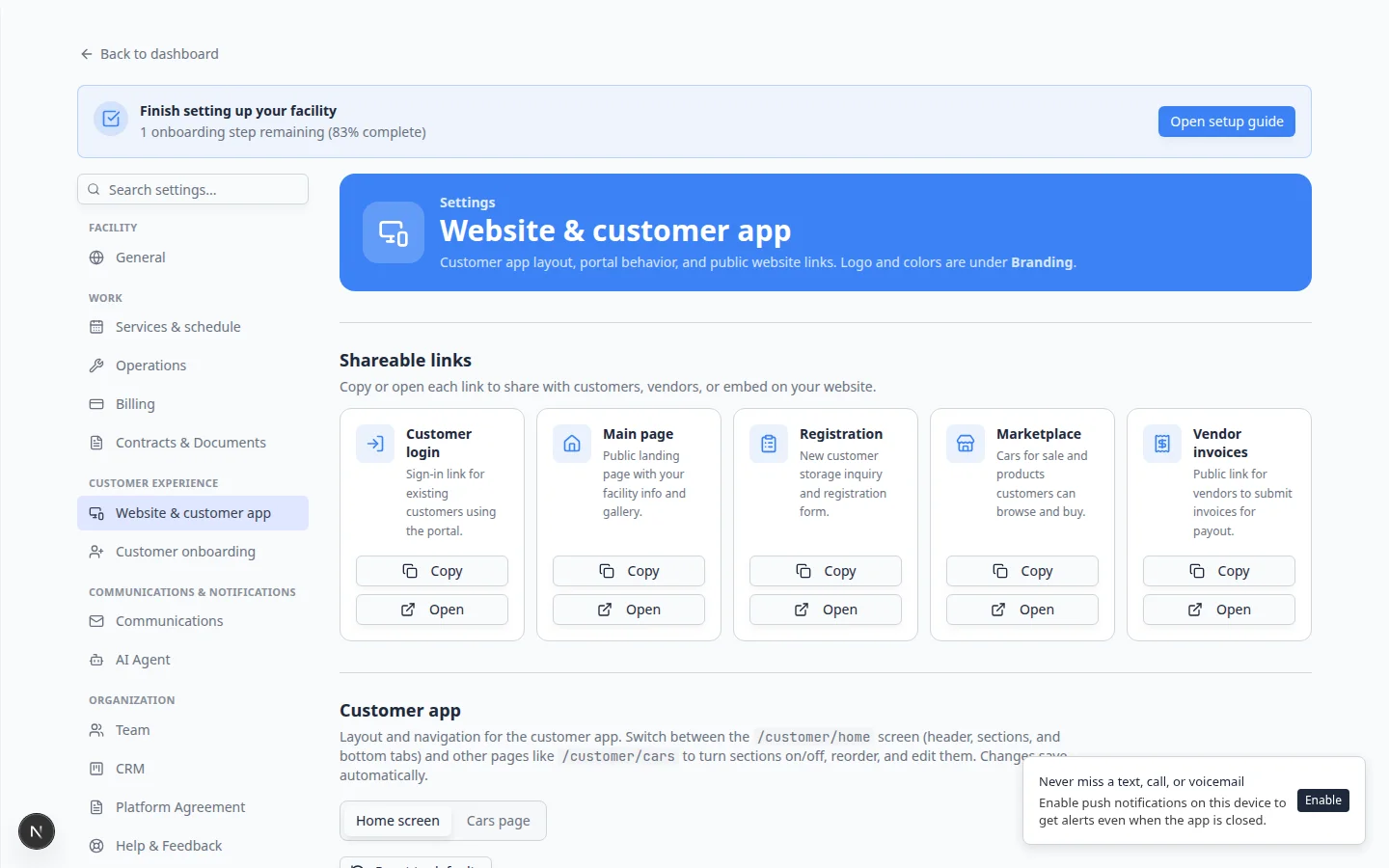 Shareable links cards for Customer login, Main page, Registration, and Vendor invoices with Copy and Open buttons