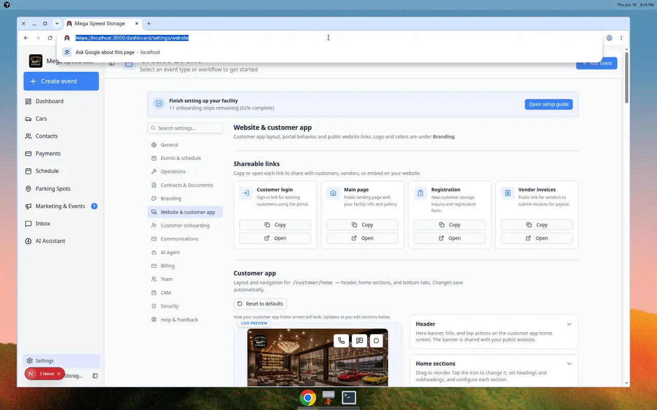 Shareable links section with Customer login, Main page, Registration, and Vendor invoices cards
