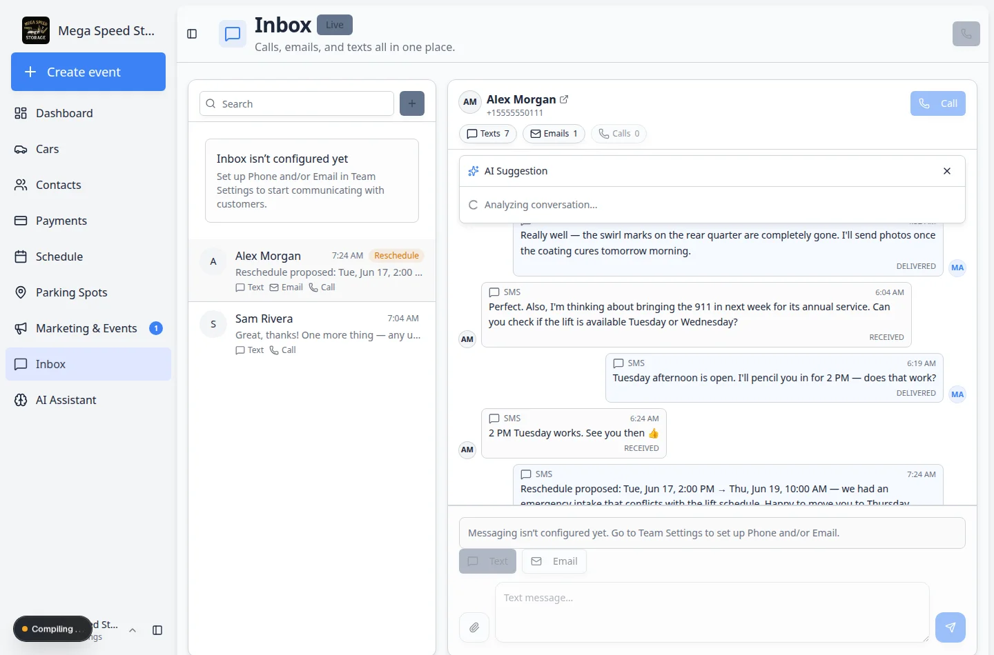 Inbox showing Analyzing conversation with a spinning icon while the AI reads recent messages