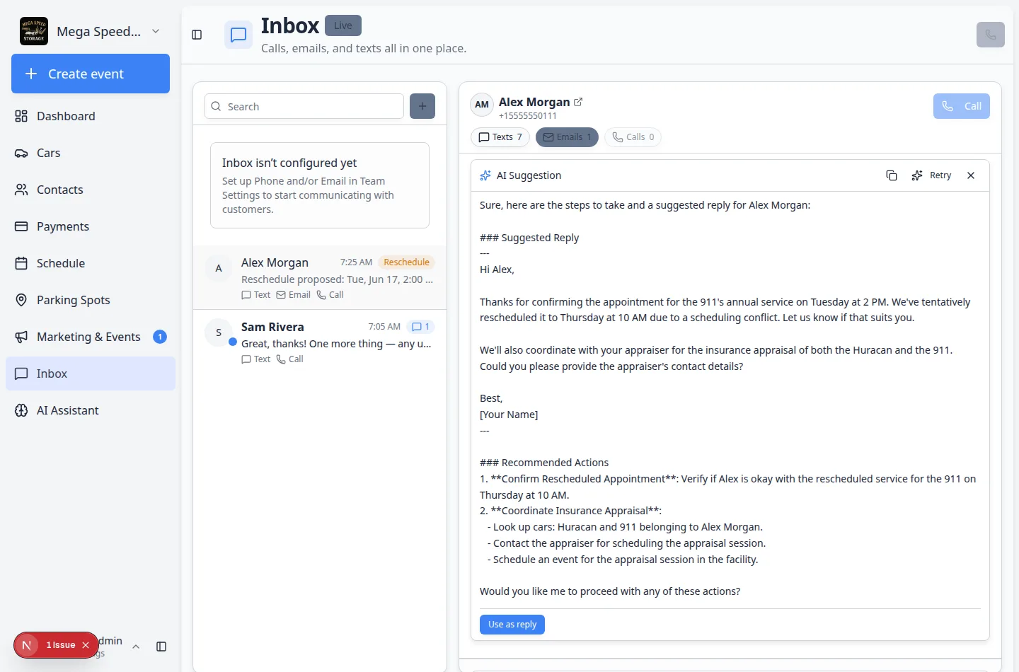 Inbox timeline filtered to Calls showing an inbound completed call entry