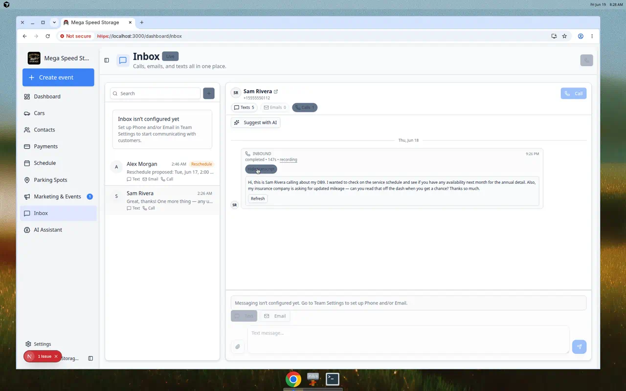 Inbox call entry with Transcript expanded showing a summary of the customer's pickup and service request