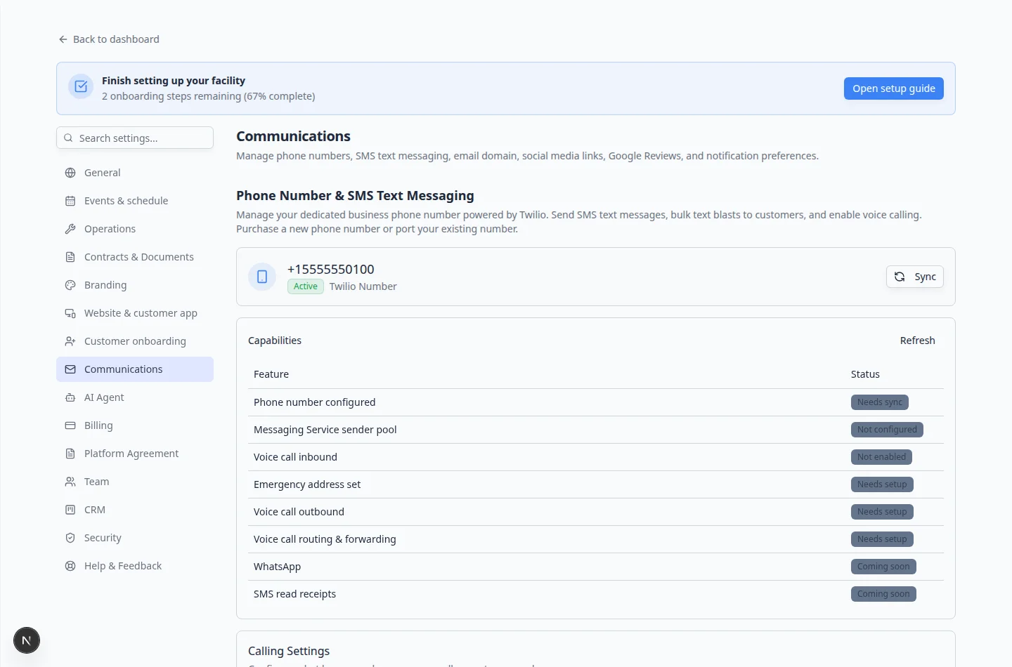 Communications settings focused on the Email Domain and Deliverability Settings section