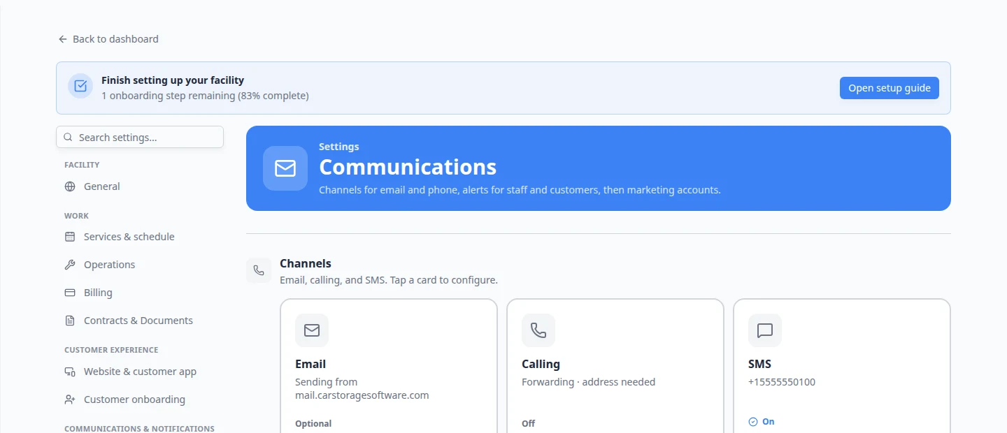 Notification Preferences and Alerts section in communication settings showing toggles for Inbox and message alerts