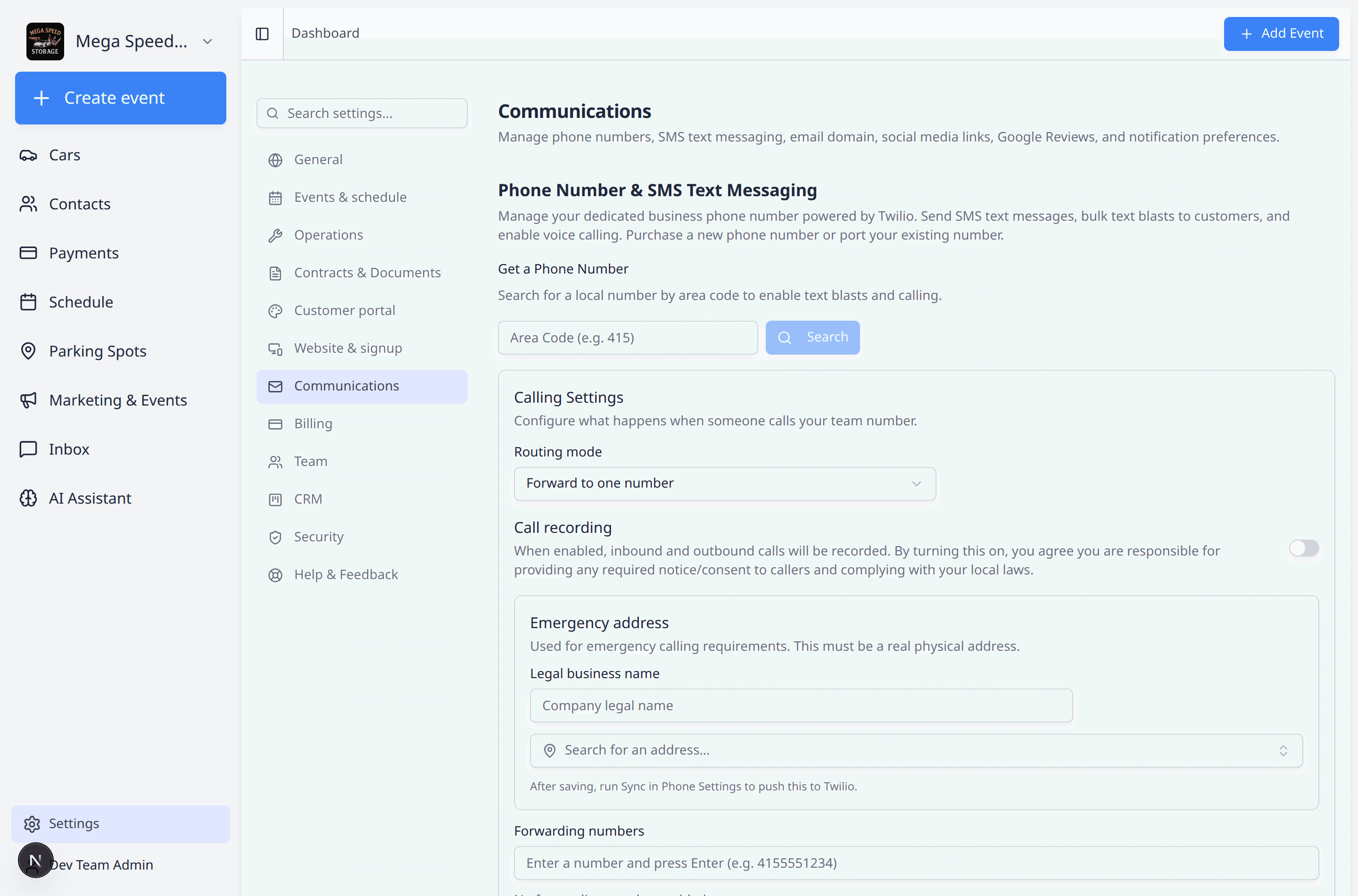 Settings Communications page showing phone, email, and notification sections