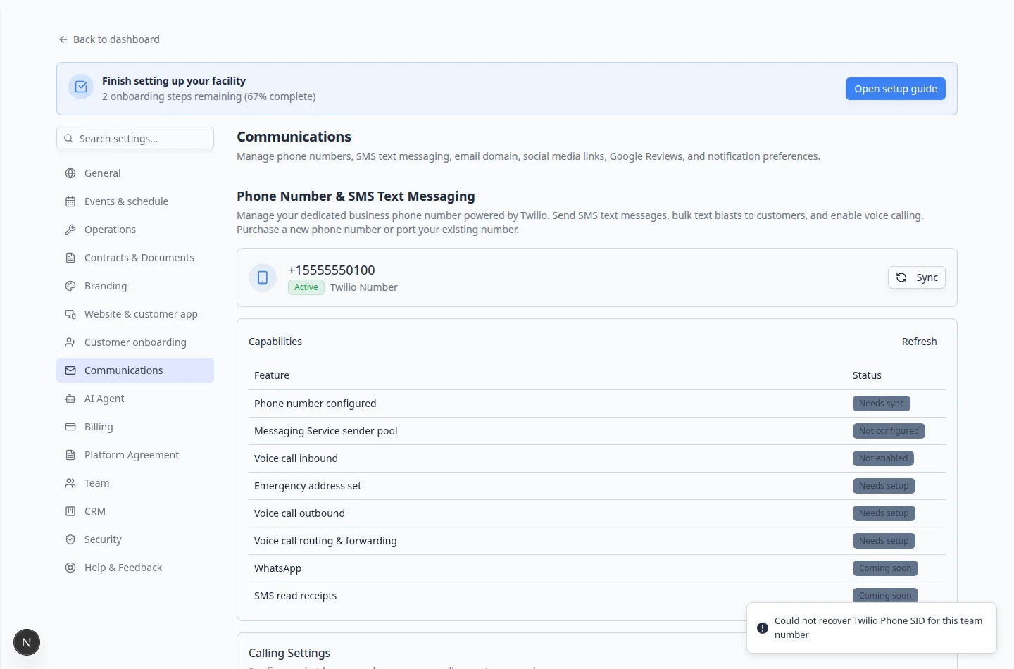Settings Communications page showing phone, email, and notification sections