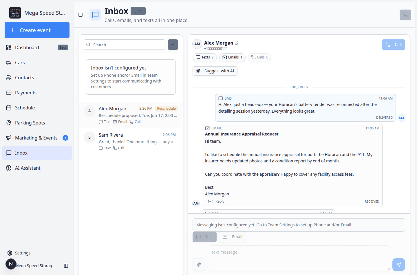Inbox conversation with Alex Morgan selected showing text messages about Huracan service and a Reschedule proposed message with old and new appointment times