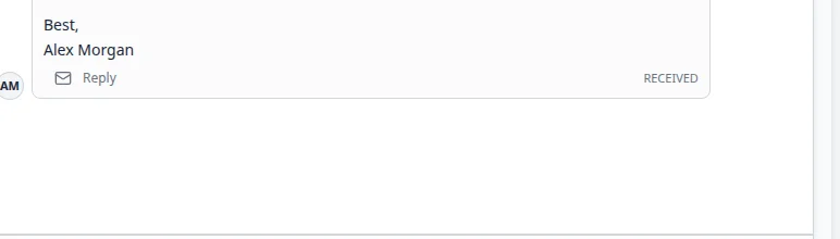 Close-up of an email message in the Inbox timeline with the Reply button highlighted