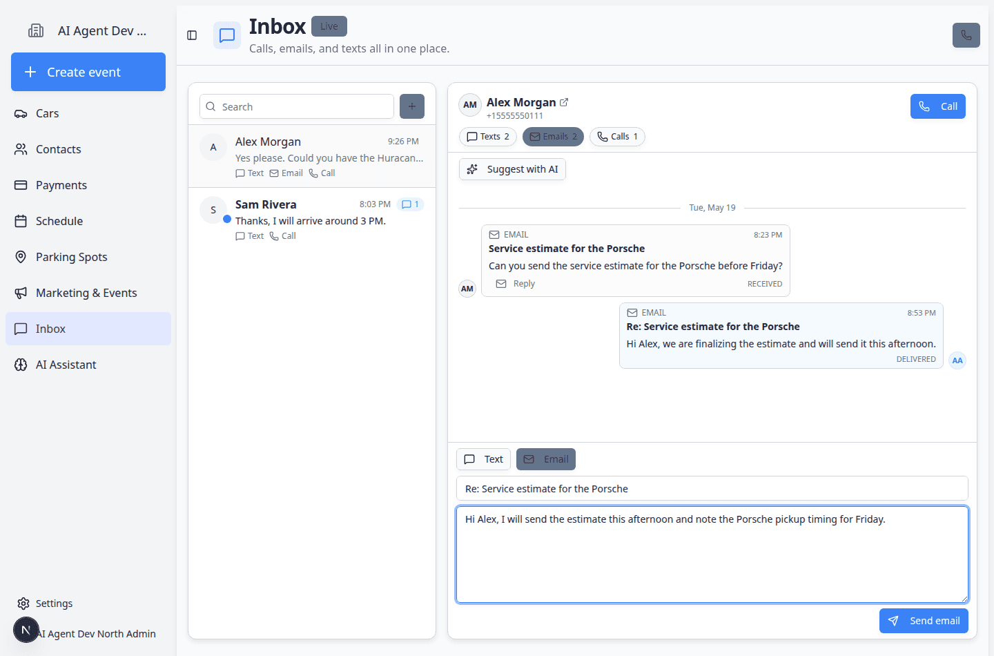 Inbox email composer showing a subject line and drafted email reply