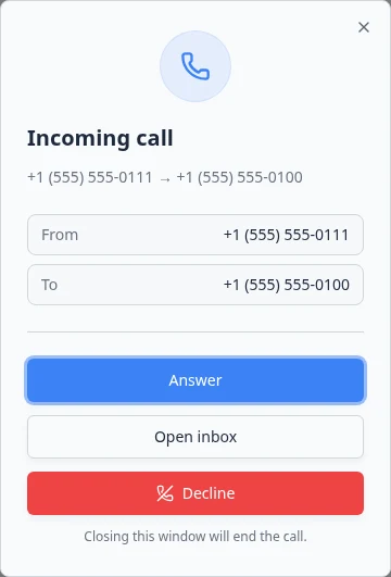 Incoming call dialog showing From and To phone numbers with Answer, Open inbox, and Decline buttons