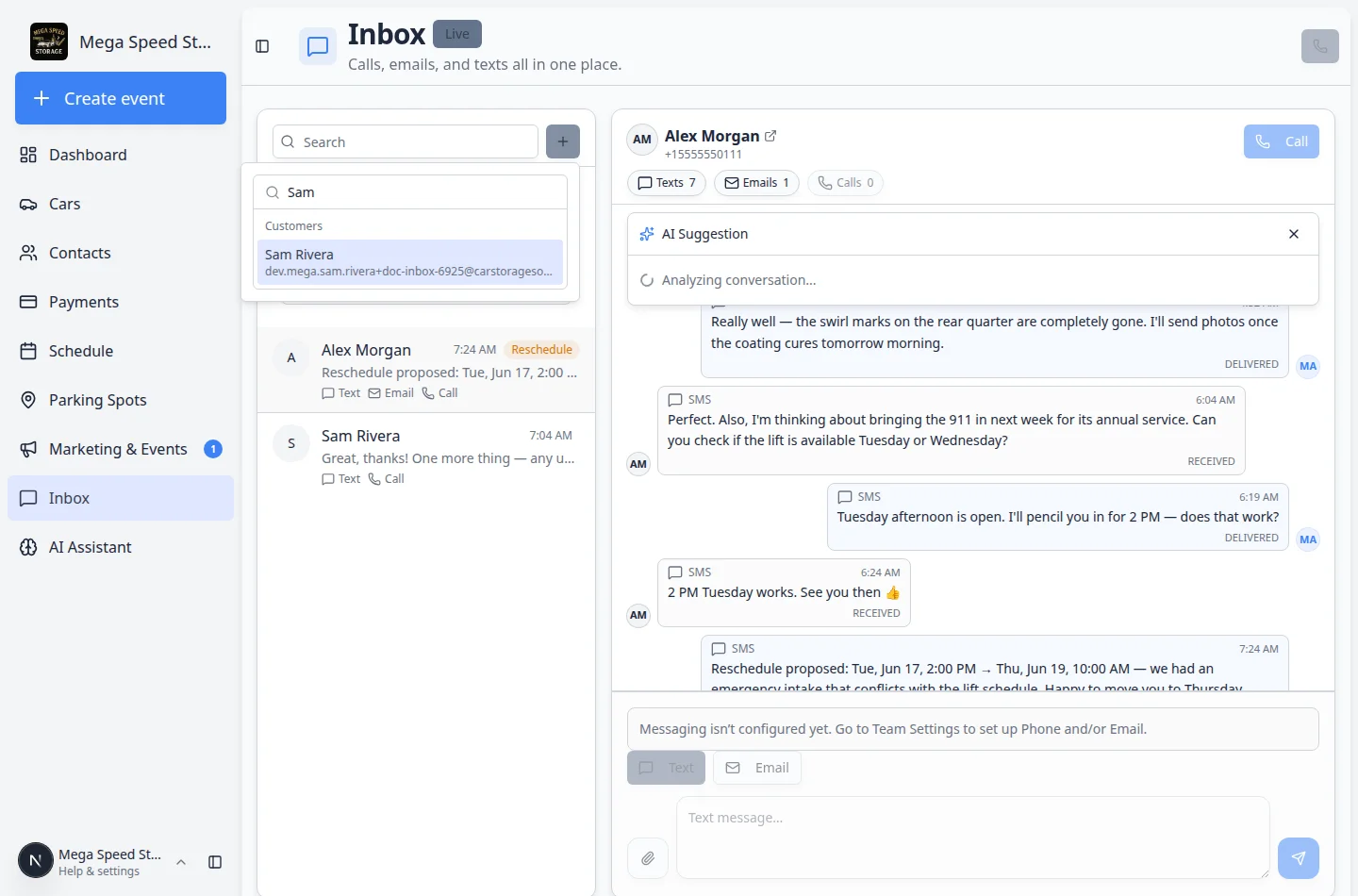 Inbox new conversation search showing a customer search for Sam Rivera