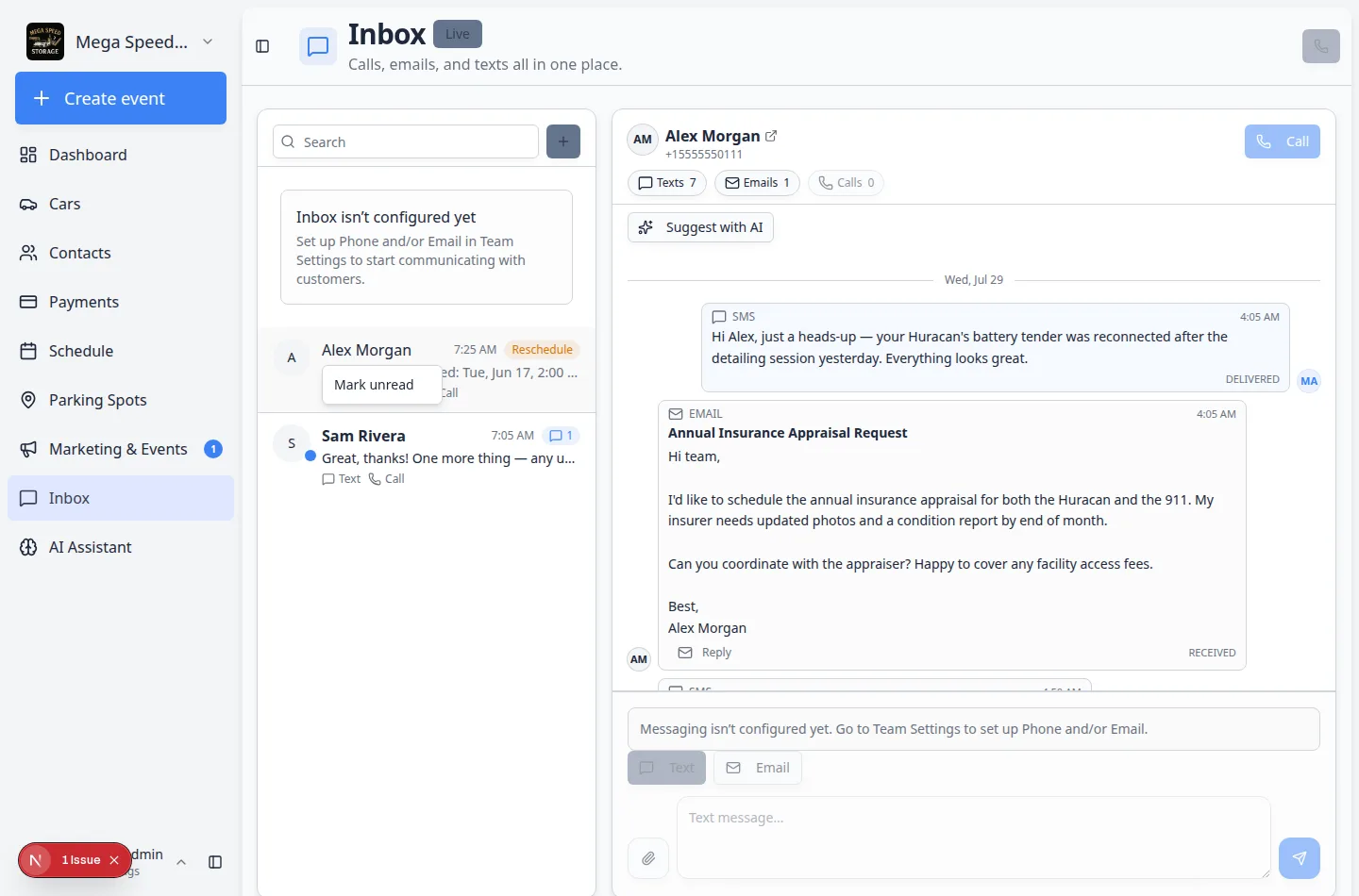 Inbox timeline showing outbound text messages with team member initials on sent messages