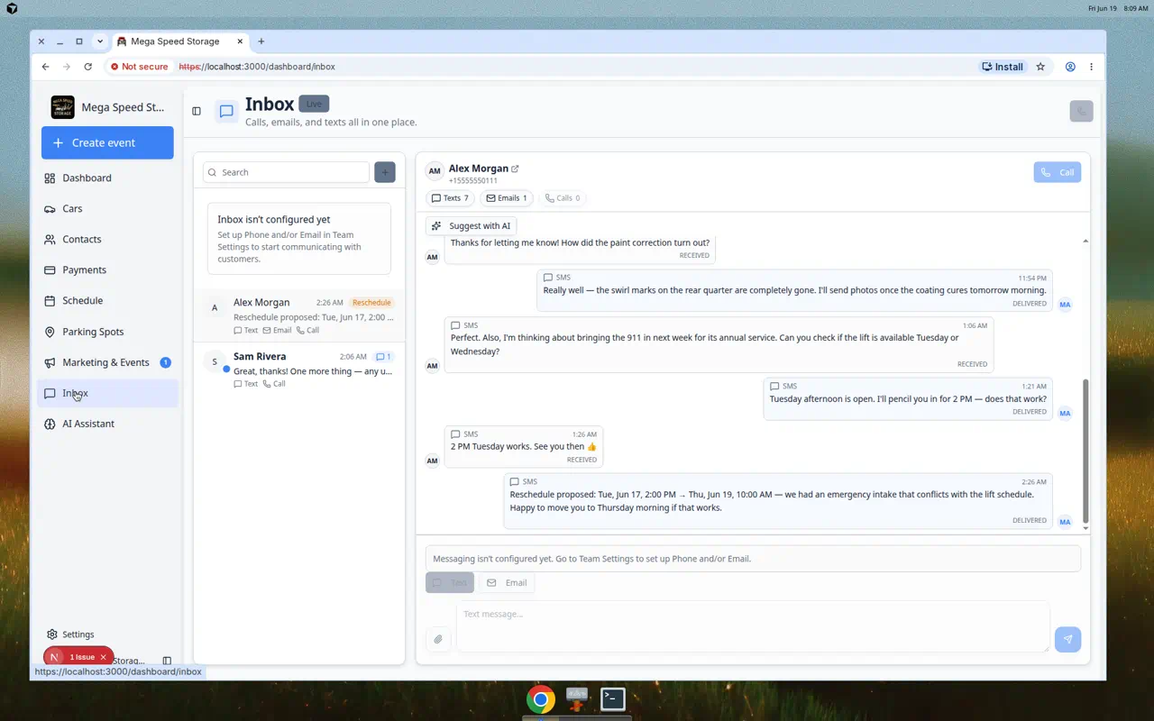 Inbox page showing a conversation list on the left, a selected customer conversation on the right, and a Live badge in the page header