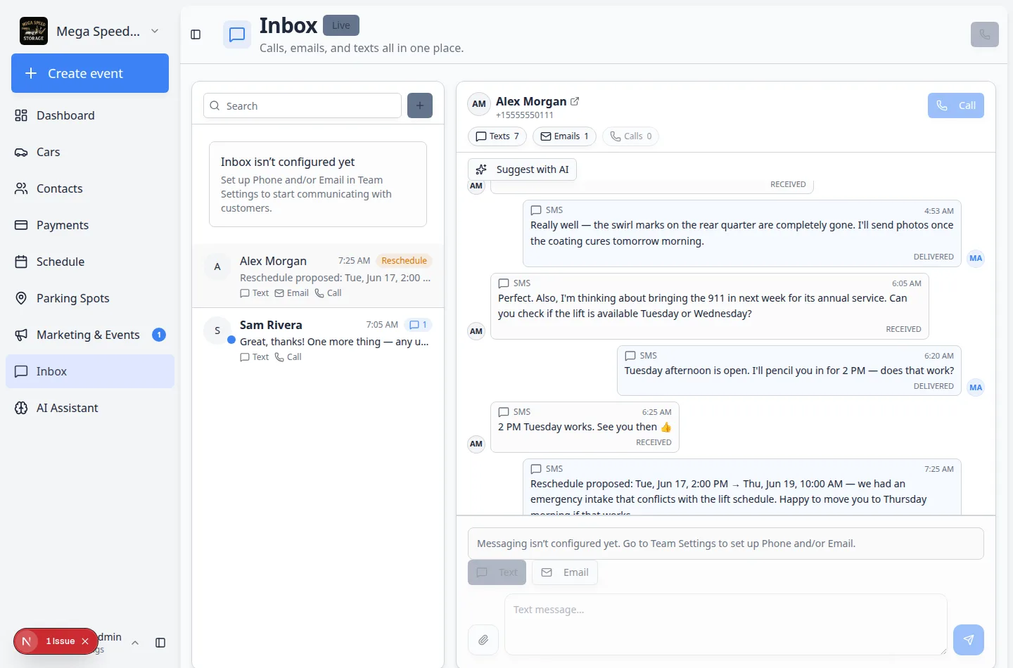 Inbox conversation list showing bold customer names, blue unread dots, and channel labels