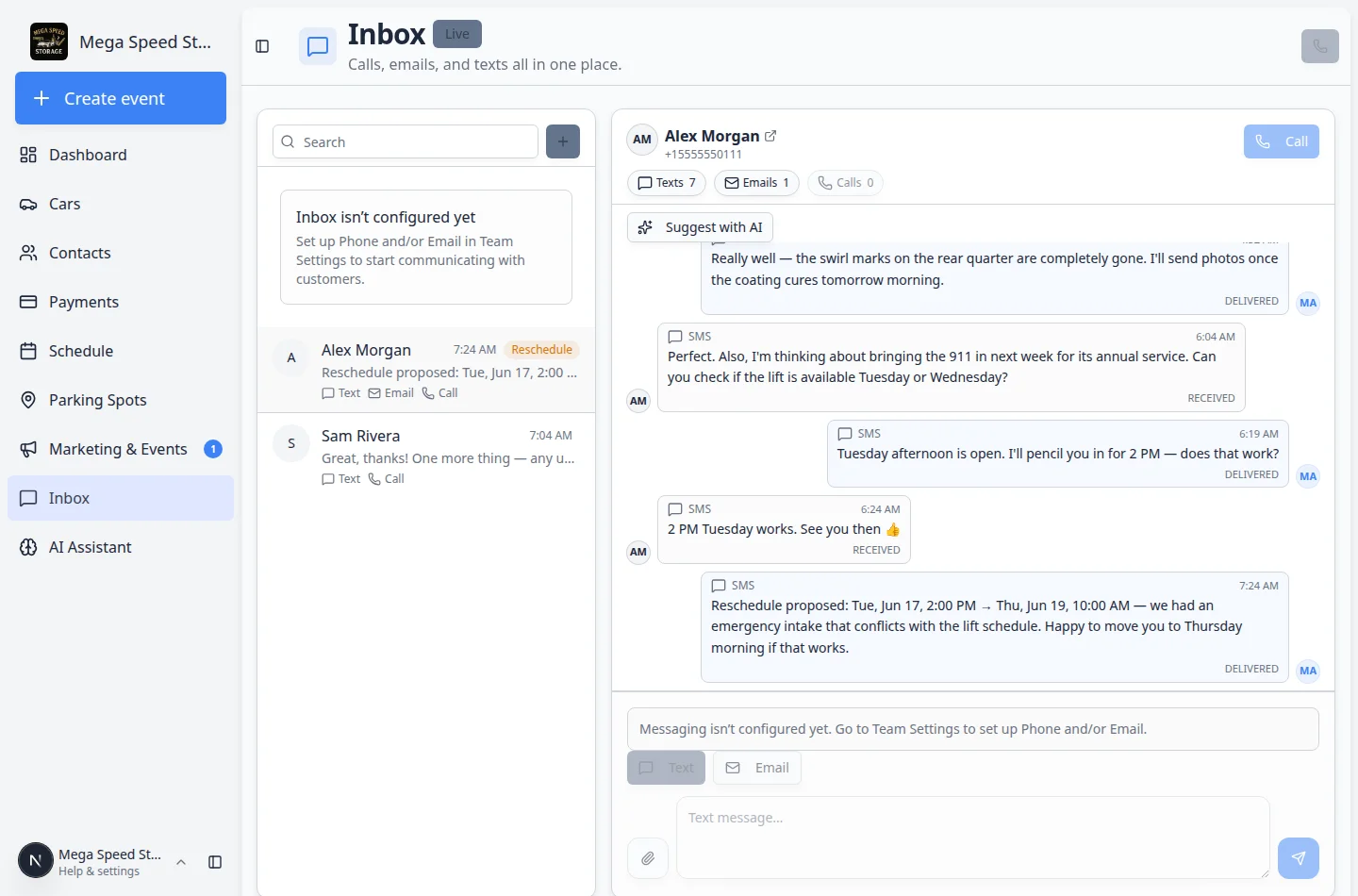 Inbox page showing a conversation list on the left, a selected customer conversation on the right, and a Live badge in the page header