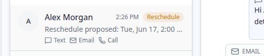 Inbox conversation list showing Alex Morgan with an orange Reschedule badge and preview text that begins with Reschedule proposed