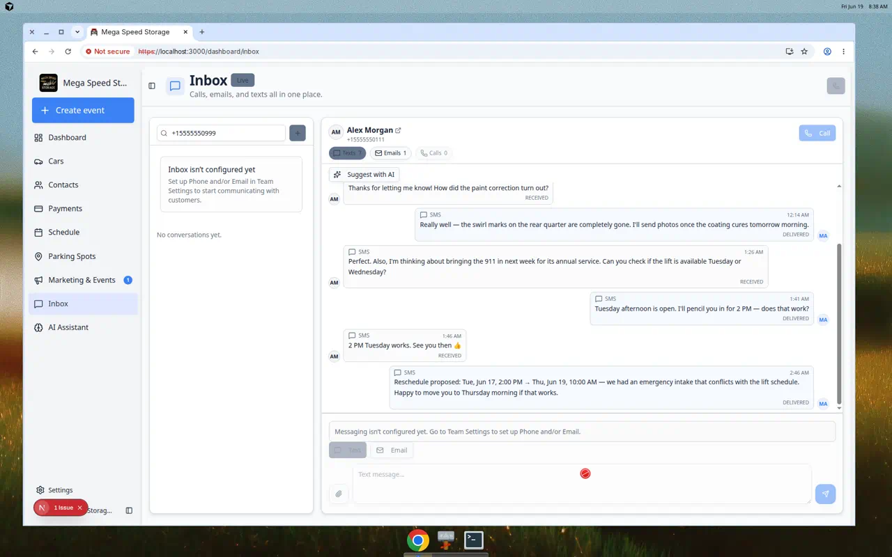 Inbox text composer showing an image attachment preview above the message field before sending
