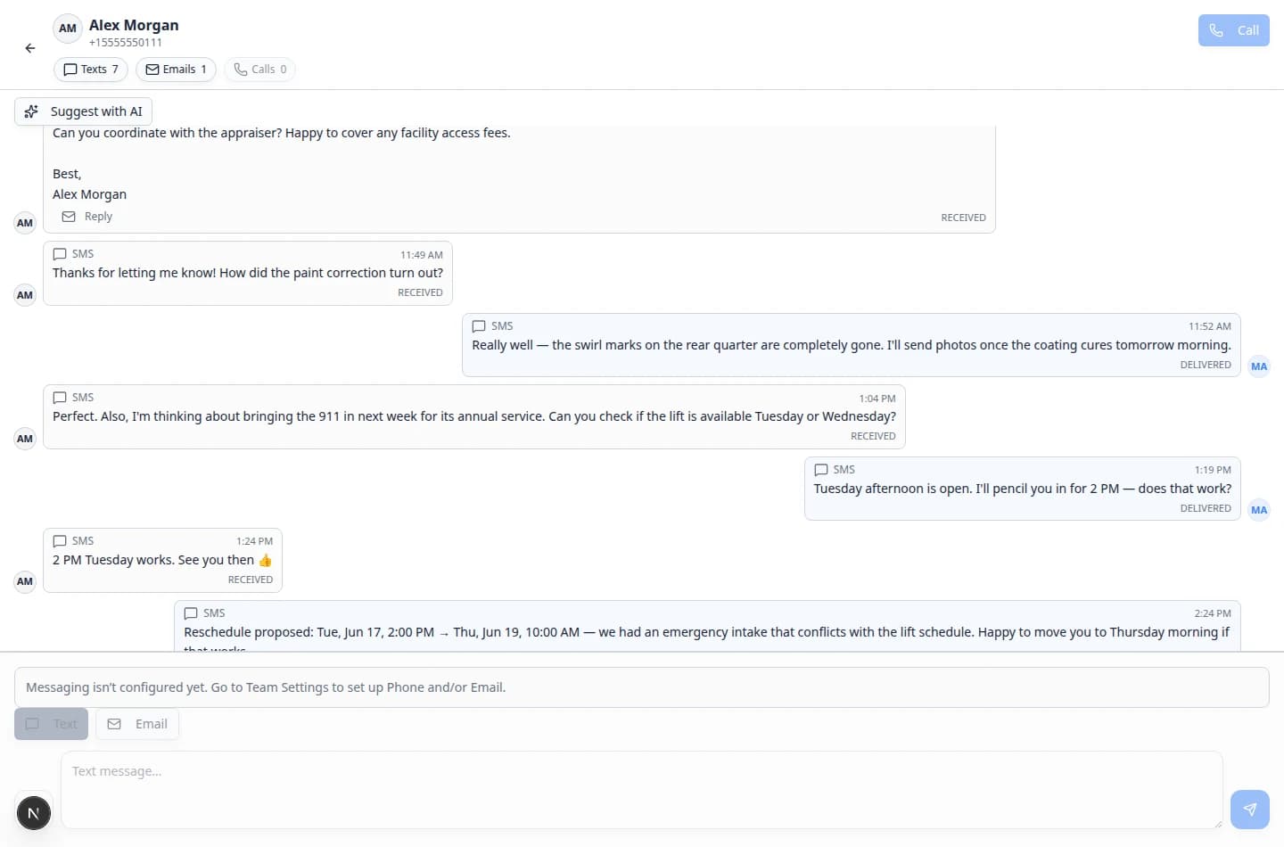 Inbox text composer showing an image attachment preview above the message field before sending