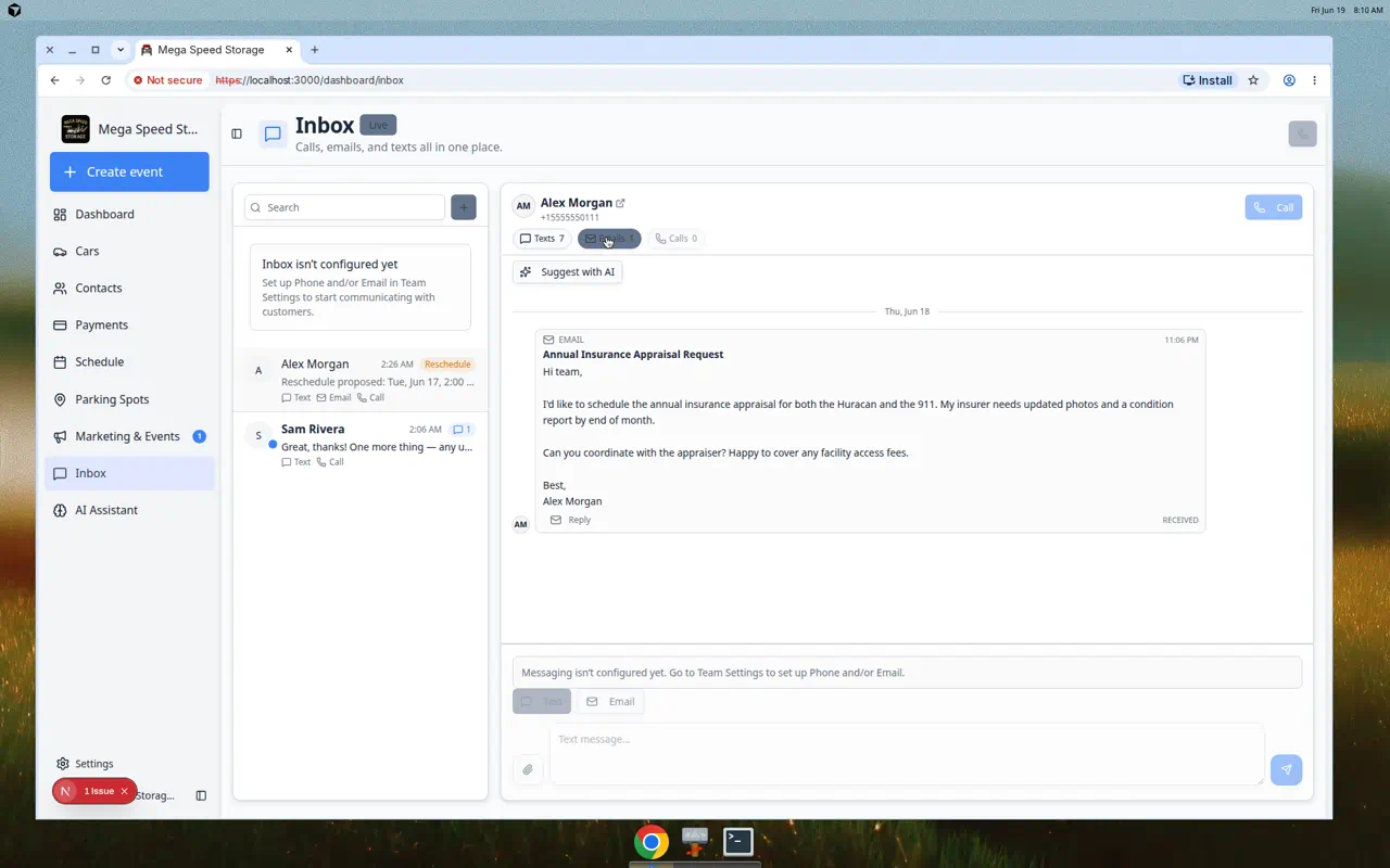 Inbox with Emails filter selected showing a customer email with a Reply button