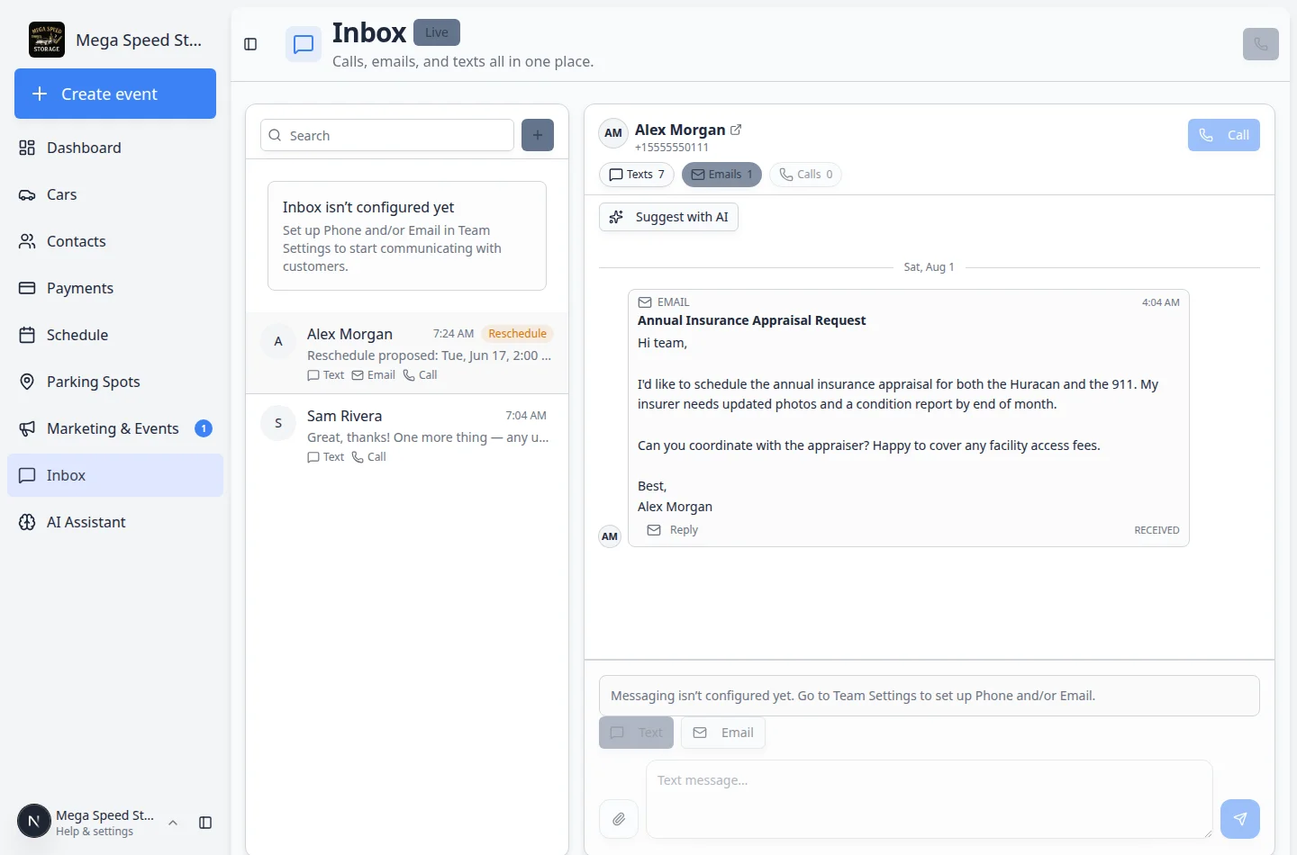 Inbox with Emails filter selected showing a customer email with a Reply button