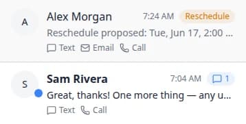 Close-up of the Inbox conversation list showing bold unread names, blue dots, channel count badges, and a Reschedule badge