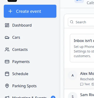Close-up of the Inbox conversation list showing bold unread customer names, blue dots, Text and Email channel badges, and an orange Reschedule badge