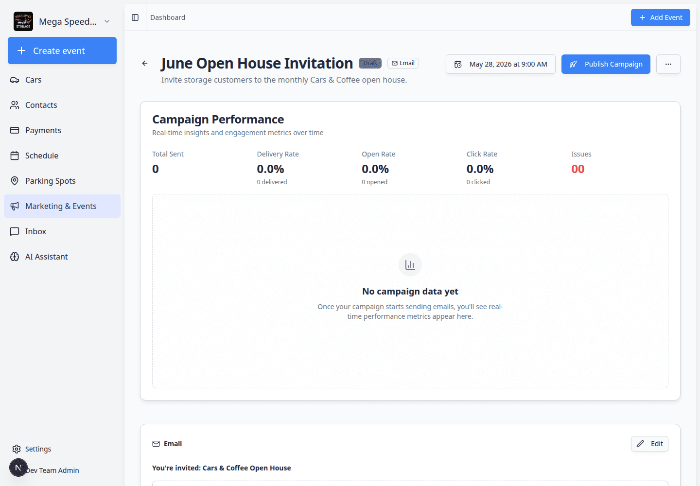 Campaign audience section showing a searchable customer list with checkboxes to include recipients
