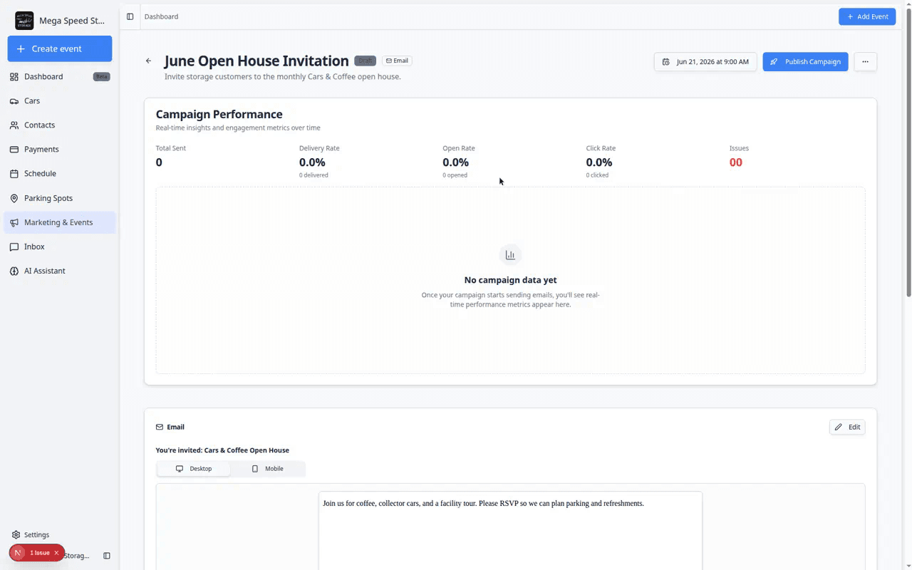 Campaign detail page showing draft status, message preview area, and publish controls