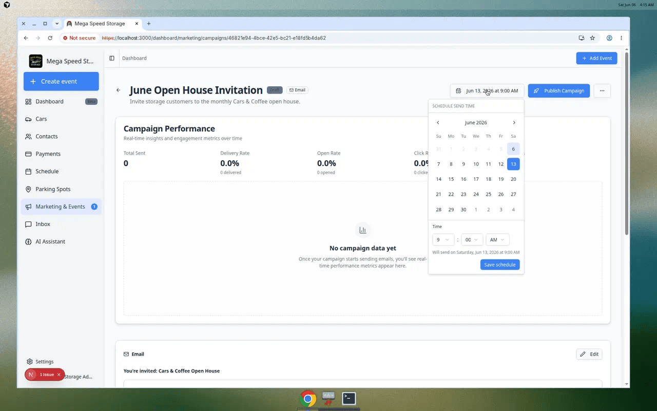 Schedule send dialog with date picker and time fields for a marketing campaign