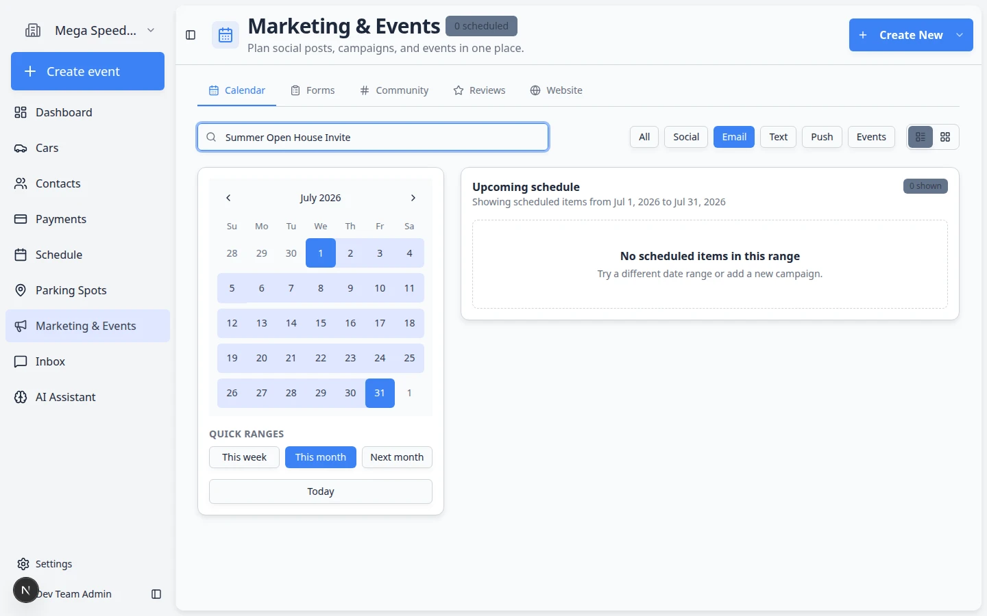 Schedule send dialog showing date, time, and confirm button for a campaign