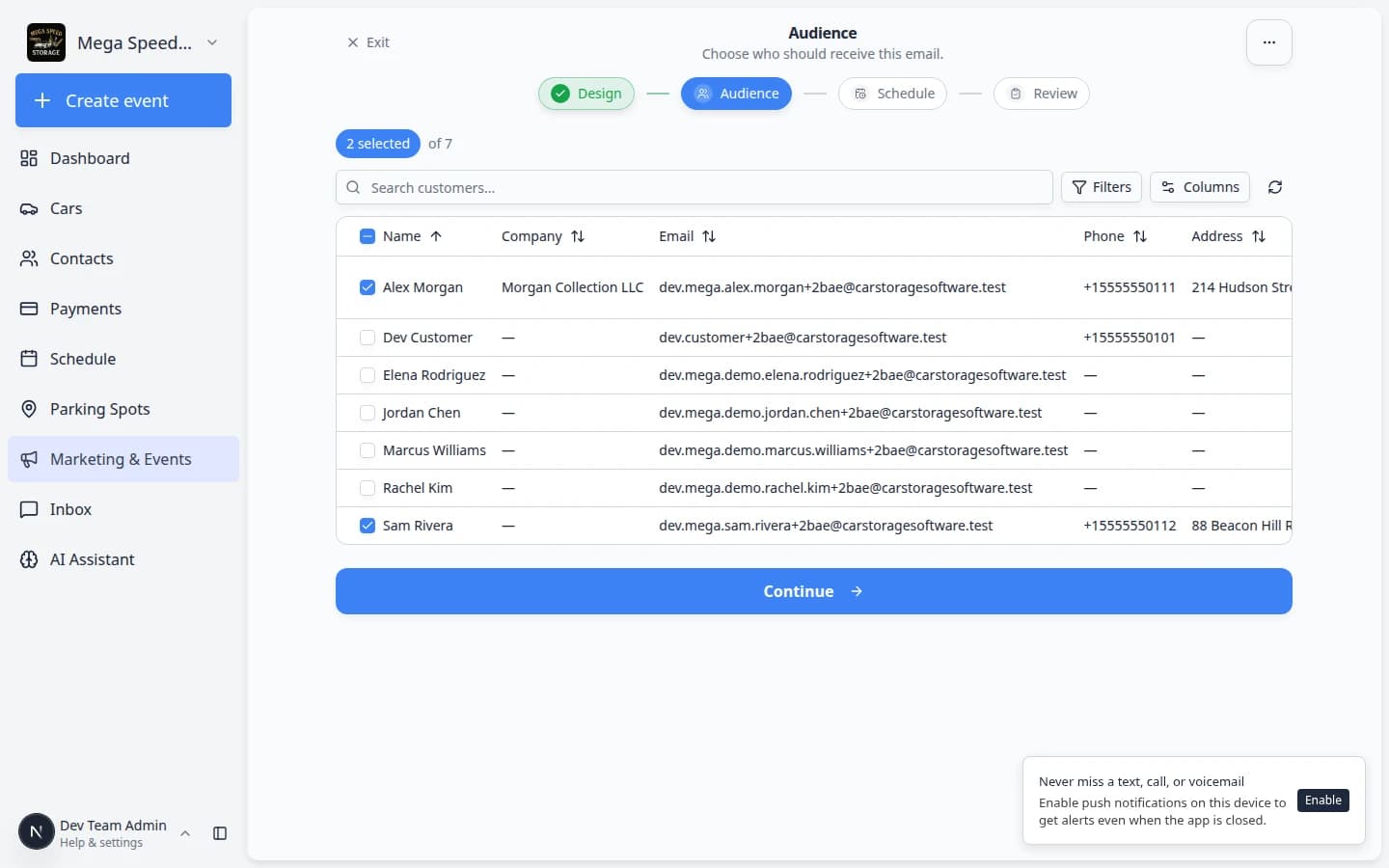 Schedule send dialog with date picker and time fields for a marketing campaign