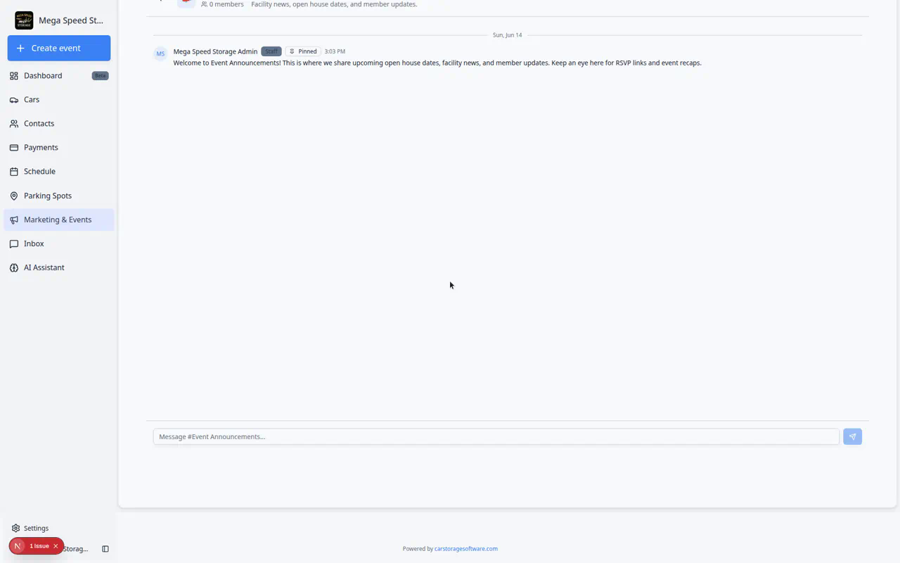 Community channel thread showing a pinned welcome message from staff and a compose box at the bottom