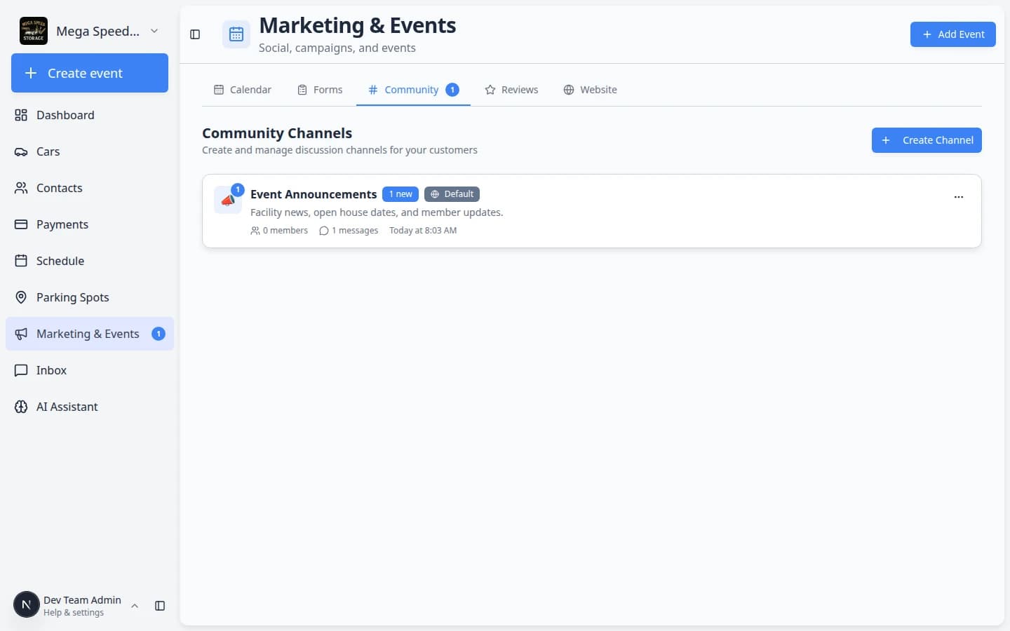 Community Channels page listing channels with member counts and a Create Channel button
