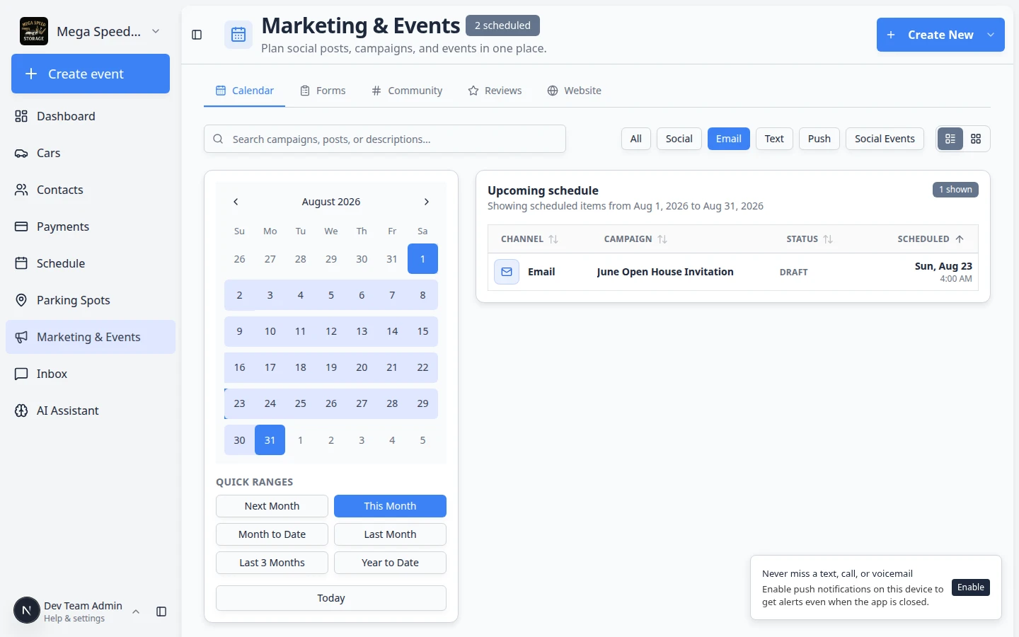 Create New Campaign dialog showing Channel, Name, optional Schedule, and Create Campaign button