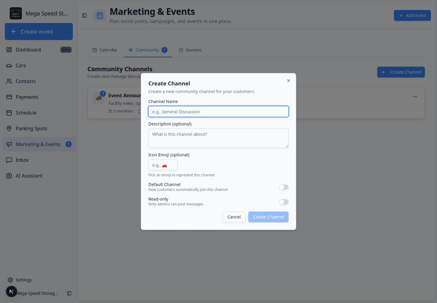 Create Channel dialog showing Channel Name, Description, Icon Emoji, Default Channel, and Read-only settings