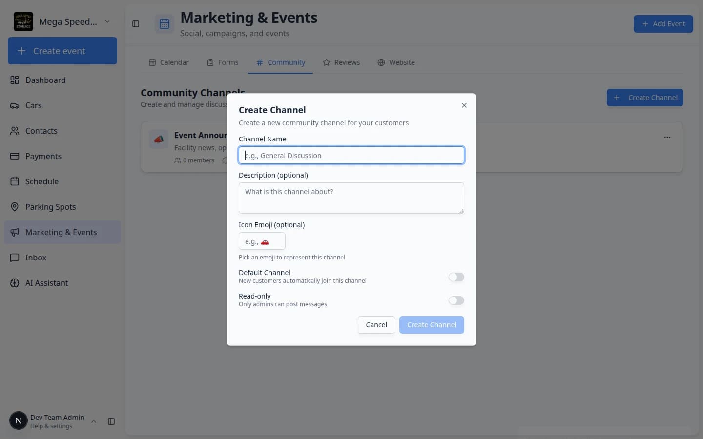 Create Channel dialog showing Channel Name, Description, Icon Emoji, Default Channel, and Read-only settings