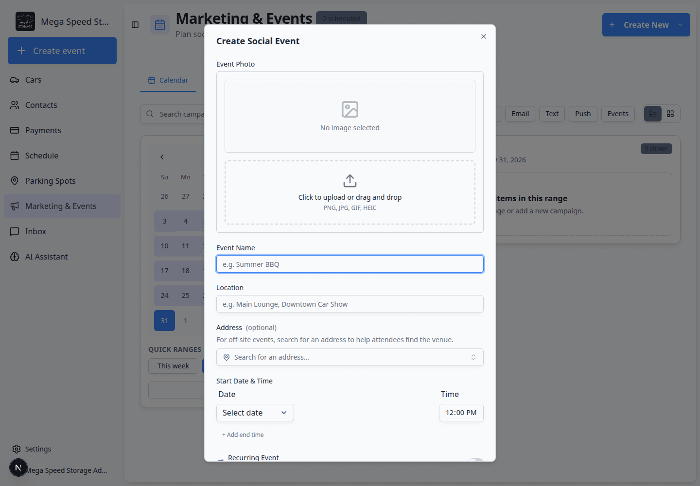 Create Social Event dialog with event photo, event name, location, address, start date, and time fields