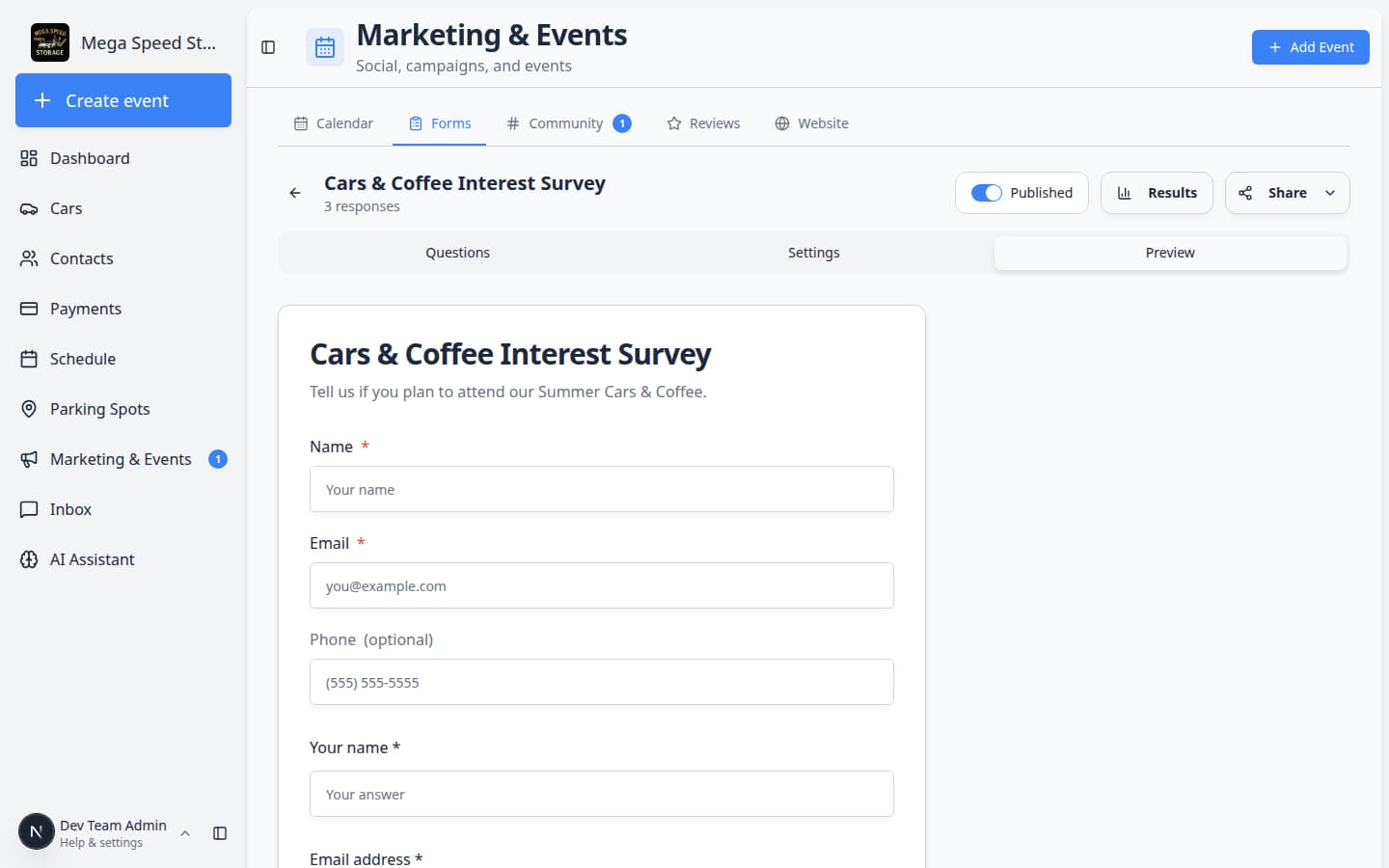 Form editor Preview tab showing the customer-facing form layout inside the dashboard