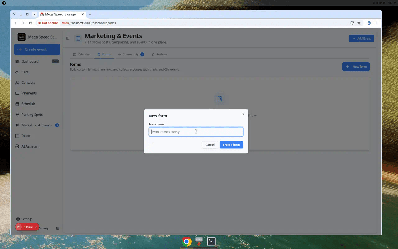 New form dialog with Form name field filled in and Create form button
