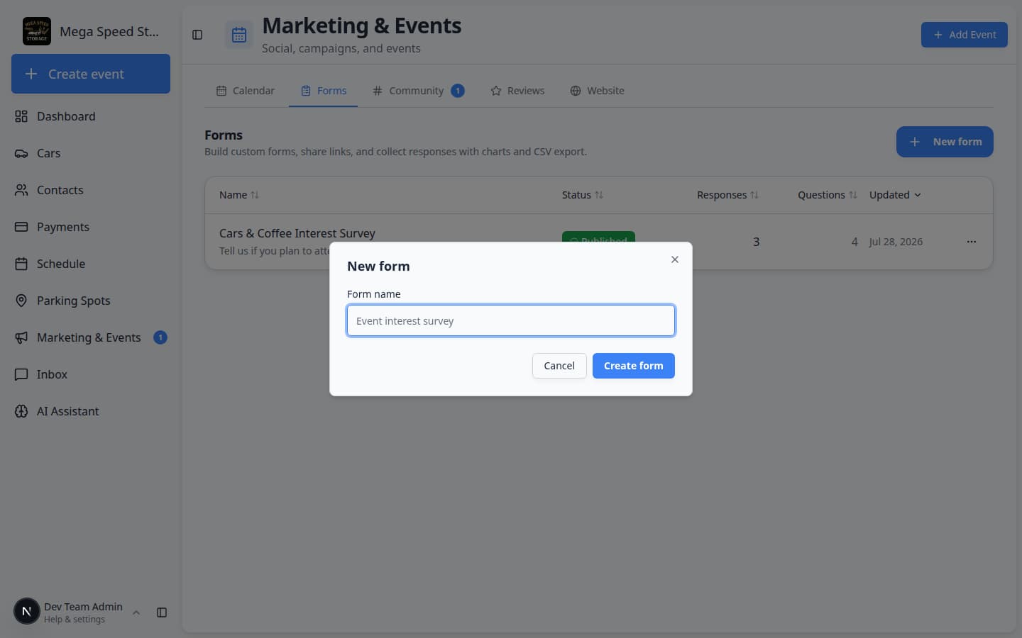 New form dialog with Form name field filled in and Create form button