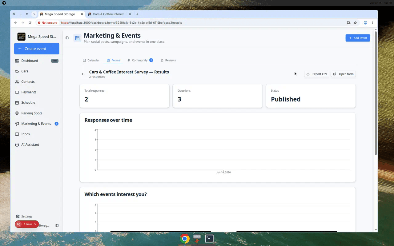 Form results page showing response count, charts for choice questions, and a table of individual submissions