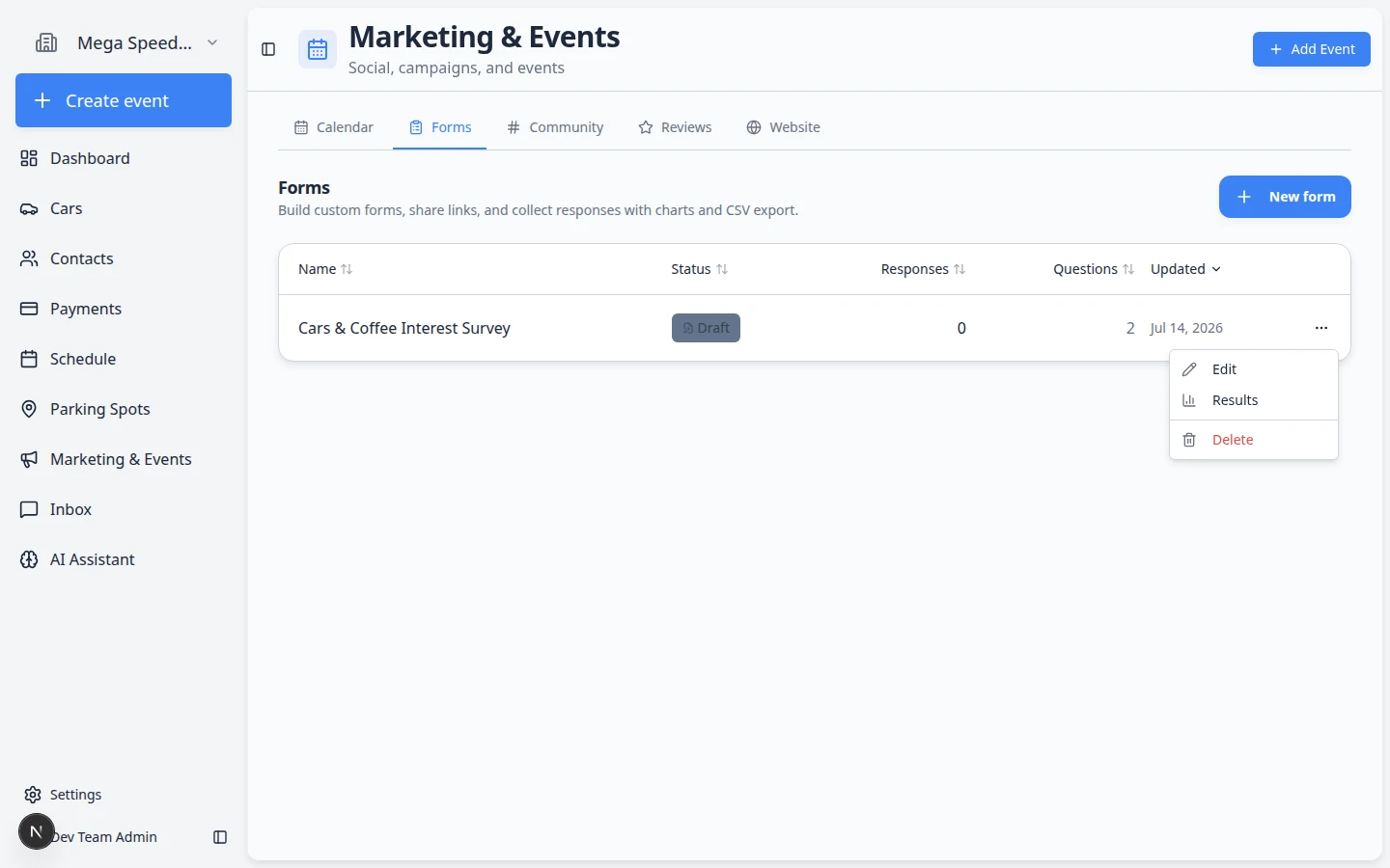 Forms list row menu open showing Results and other actions for a custom form